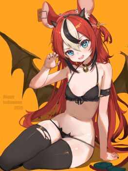 1girl 2025 absurdres animal_ear_fluff animal_ears bare_shoulders bat_panties bat_wings bell black_bra black_panties black_streaks black_thighhighs blue_eyes bow bra choker claw_pose collarbone commentary dice dice_hair_ornament dot_nose double-parted_bangs english_commentary fake_horns fangs food-themed_hair_ornament frilled_bra frills full_body green_bow hair_between_eyes hair_ornament hakos_baelz halloween halloween_costume hand_on_ground happy_halloween head_tilt headband highres hololive hololive_english horns jingle_bell looking_at_viewer midriff mouse_ears mouse_tail mousetrap multicolored_hair nail_polish navel neck_bell open_mouth orange_background panties pumpkin pumpkin_hair_ornament red_hair red_tail robin_chen0419 simple_background sitting skin_fangs smile solo stomach tail tail_bow tail_ornament thighhighs thighs torn_clothes torn_thighhighs underwear underwear_only virtual_youtuber wings yokozuwari