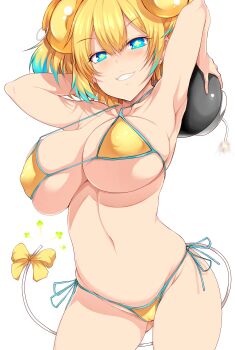 +_+ 1girl absurdres aqua_hair armpits arms_behind_head arms_up bikini blonde_hair blue_eyes bomb bombergirl bow breasts cameltoe cowboy_shot explosive fuse_tail grin half-closed_eyes halterneck highres large_breasts micro_bikini mouse_tail multicolored_hair navel pine_(bombergirl) short_hair side-tie_bikini_bottom simple_background skindentation smile solo streaked_hair string_bikini swimsuit tail tail_bow tail_ornament tsukasawa_takamatsu underboob white_background yellow_bikini yellow_bow