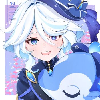 1girl blue_eyes blue_hair blue_hat blue_jacket blush border drop-shaped_pupils furina_(genshin_impact) genshin_impact hair_between_eyes hashtag-only_commentary hat heterochromia jacket kokotora_(namaho911) looking_at_viewer medium_hair mismatched_pupils multicolored_hair open_mouth smile streaked_hair surintendante_chevalmarin symbol-shaped_pupils teeth top_hat twitter_username upper_teeth_only white_border white_hair