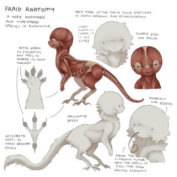 :o anatomy animal_focus biology bird_legs body_fur creature diagram exposed_muscle fraid highres jejejunum original proboscis reference_sheet simple_background solid_circle_eyes white_background white_fur