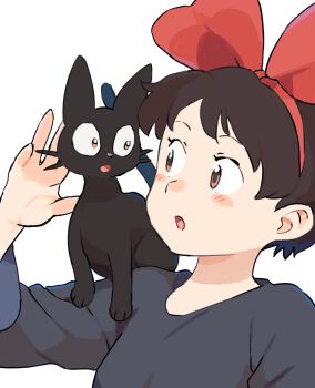 Rule 34 | 1girl, :o, animal, animal on shoulder, black cat, black hair, blush stickers, cat, cat on shoulder, gan2, hairband, highres, jiji (majo no takkyuubin), kiki (majo no takkyuubin), majo no takkyuubin, open mouth, red eyes, red hairband, short hair, simple background, white background