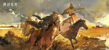 2boys 3girls bashlik blonde_hair blue_coat blue_eyes boots broom broom_riding brown_boots brown_cape brown_hat brown_horse brown_jacket brown_pants brown_shorts cape coat coat_on_shoulders copyright_name copyright_notice full_body grey_sky hat highres holding holding_reins horseback_riding igor_(reverse:1999) jacket lilya_(reverse:1999) logo long_skirt marsha_(reverse:1999) mature_male mechanical_broom multiple_boys multiple_girls official_art official_wallpaper old old_man outdoors pants red_hair reins reverse:1999 riding short_hair shorts sidesaddle skirt sky steppe watercolor_effect white_beard white_hair white_hat white_skirt