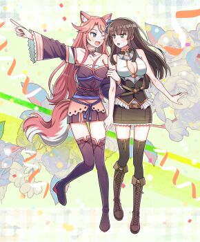 absurdres animal_ears blue_eyes boots brown_boots brown_hair ceri_(sakura_dungeon) commission commissioner_upload fox_ears fox_tail green_eyes highres ithwon japanese_clothes kimono locked_arms non-web_source pink_hair pointing pointing_to_the_side sakura_dungeon tail thighhighs yomi_(sakura_dungeon) yuri