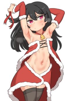 1girl armpits arms_up basukechi blush christmas love_live! love_live!_school_idol_project revealing_clothes simple_background solo sweat thighhighs white_background yazawa_nico