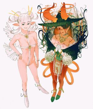 2girls asimov_(spindle_(aidenr0)) bare_shoulders black_eyes black_hat boots breasts brown_hair cleavage closed_eyes colored_inner_hair costume cuffs double_bun earrings elf flats frills hair_bun hair_ornament hair_stick hair_up halloween hand_on_own_hip hat highres horns jewelry leggings looking_at_viewer makeup mole mole_on_breast mole_on_shoulder mole_on_thigh multicolored_hair multiple_girls navel necklace orange_hair original ottilie_(spindle_(aidenr0)) own_hands_together pointy_ears red_horns red_leggings revealing_clothes shackles simple_background smirk spindle_(aidenr0) strap tendril tendrils_from_back white_background white_boots white_hair wings witch_hat