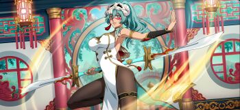 armlet arrancar bare_shoulders black_bracer bleach bleach:_brave_souls breasts broken_mask china_dress chinese_clothes cowboy_shot dress facial_mark green_hair halterneck high_collar highres holding holding_weapon jewelry knees_up large_breasts mask nelliel_tu_odelschwanck pantyhose pelvic_curtain see-through_cleavage see-through_clothes skull skull_mask skull_on_head sleeveless standing standing_on_one_leg two-sided_fabric weapon white_dress