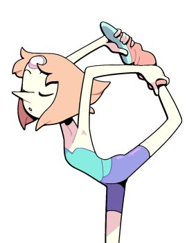80s_pearl ballerina ballet_slippers bike_shorts closed_eyes discount-supervillain forehead_jewel gem_(steven_universe) leg_warmers orange_hair pale_skin pearl_(species)_(steven_universe) pearl_(steven_universe) pointy_nose shirt steven_universe strapless strapless_shirt stretching