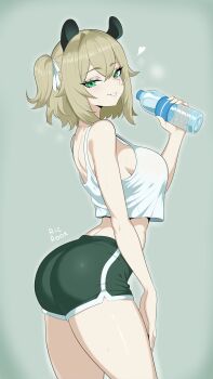 1girl absurdres animal_ears ass bare_shoulders blonde_hair blush bottle breasts character_request green_background green_eyes grey_background highres large_breasts ricrook shorts side_ponytail smile sports_bra sportswear sweat teeth