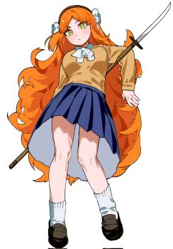 Rule 34 | 1girl, blue skirt, bow, bowtie, brown hairband, brown shoes, brown sweater, commentary, english commentary, from below, green eyes, hair bow, hairband, highres, holding, holding polearm, holding weapon, ishmael (project moon), limbus company, loafers, looking at viewer, naginata, pleated skirt, polearm, project moon, school uniform, shirt, shoes, skirt, solo, sweater, weapon, white bow, white bowtie, white shirt, yongsadragon