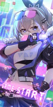 Rule 34 | 1girl, blowing bubble gum, blowing bubbles, chewing gum, drill hair, drill ponytail, eyewear on head, fingerless gloves, fur-trimmed jacket, fur trim, gashat, gloves, goggles, goggles on head, hair ribbon, highres, honkai: star rail, honkai (series), jacket, laska (572124034), navel, ribbon, rider gashat, silver wolf (honkai: star rail)