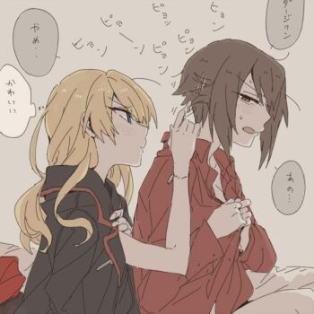 Rule 34 | 2girls, black jacket, blonde hair, blue eyes, brown eyes, brown hair, closed mouth, darjeeling (girls und panzer), girls und panzer, hand on another's head, jacket, kuromorimine military uniform, long hair, looking at another, multiple girls, nishizumi maho, on bed, open mouth, red shirt, ree (re-19), shirt, short hair, simple background, white background, yuri