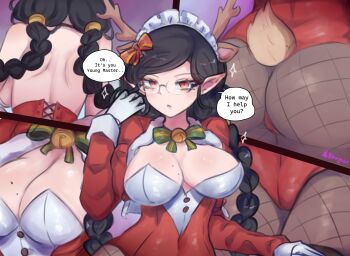 1girl absurdres animal_ears antlers ass bare_shoulders bell black_hair braid breasts cleavage deer_antlers deer_ears deer_tail dialogue_box female_focus glasses gloves highres horns huge_ass huge_breasts maid maid_headdress mole mole_on_breast mole_under_eye ndawjaidee open_mouth original pantyhose playboy_bunny red_eyes slit_pupils solo solo_focus tagme tail thighs twin_braids watermark white_gloves