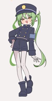 arm_at_side armband blue_archive blue_armband blush fang green_hair green_halo halo hand_on_own_hip hat highres long_hair looking_at_viewer making_faces mesugaki nozomi_(blue_archive) open_mouth pantyhose peaked_cap pointy_ears qusouzu_mogari skin_fang smile train_conductor twintails white_pantyhose yellow_eyes