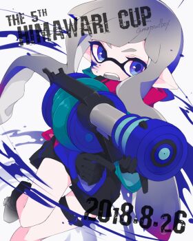 1girl 2018 artist_name black_jacket black_shoes black_shorts blue_eyes blue_hair blue_jacket commentary_request dated fangs gradient_hair grey_hair grey_tongue h-3_nozzlenose_(splatoon) holding holding_weapon inkling inkling_girl inkling_player_character jacket long_hair long_sleeves matsushita_(matsudbox) multicolored_hair multicolored_jacket nintendo no_nose open_mouth paint_splatter paint_splatter_on_face pink_hair pink_jacket pointy_ears shoes shorts solo splatoon_(series) tentacle_hair thigh_strap weapon