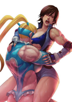 Rule 34 | 2girls, absurdres, ass, back cutout, between breasts, blonde hair, breasts, brown hair, cirenk, closed eyes, clothing cutout, commentary, commission, english commentary, fingerless gloves, gloves, heart cutout, highres, kazama asuka, long hair, multiple girls, muscular, muscular female, rainbow mika, short hair, street fighter, sweat, tekken, twintails, white background, wrestling mask, wrestling outfit
