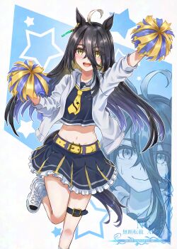 1girl absurdres ahoge alternate_costume animal_ears belt black_hair black_shirt black_skirt cheerleader closed_mouth collarbone crop_top cropped_shirt ear_tag earrings gentiano815 hair_between_eyes highres holding holding_pom_poms horse_ears horse_girl horse_tail jacket jewelry long_bangs long_hair long_hair_between_eyes long_sleeves looking_at_viewer manhattan_cafe_(umamusume) midriff multicolored_hair navel necktie open_clothes open_jacket open_mouth pom_pom_(cheerleading) pom_poms shirt single_earring skirt smile star_(symbol) sweatdrop tail teeth thigh_strap umamusume upper_teeth_only very_long_hair white_hair white_jacket yellow_belt yellow_eyes yellow_necktie