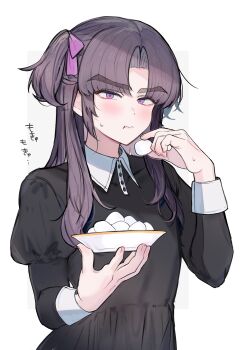 1boy absurdres ayase_ayato_(imamiya_pinoko) bad_source bow brown_hair closed_mouth food hair_bow highres holding holding_food holding_plate imamiya_pinoko juliet_sleeves long_hair long_sleeves looking_at_viewer male_focus marshmallow original parted_bangs pink_bow plate puffy_sleeves purple_eyes simple_background solo sweat thick_eyebrows translation_request trap white_background