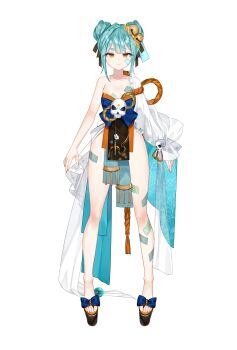 1girl absurdres blue_hair blue_ribbon breasts closed_mouth double_bun eyeshadow full_body hair_bun highres inami_yoki inami_yoki_(3rd_costume) inami_yoki_(artist) indie_virtual_youtuber loincloth makeup medium_breasts ofuda orange_eyes platform_sandals reference_sheet ribbon rope sandals shimenawa short_hair shrine_bell skull talisman thighs toes virtual_youtuber