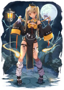 1girl absurdres black_dress blonde_hair blood_on_mouth blush commentary disembodied_hand dress earrings full_moon hair_ornament halloween hat highres jewelry jiangshi_costume kaminari_qpi lightning_bolt lightning_bolt_hair_ornament lightning_bolt_symbol long_hair looking_at_viewer loose_socks miya_(_32miya107) moon necklace ofuda orange_eyes pelvic_curtain qingdai_guanmao sleeves_past_fingers sleeves_past_wrists socks solo standing twintails virtual_youtuber vspo!