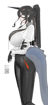 1girl absurdres azz0422 black_gloves black_hair black_horns black_pants blue_eyes breasts closed_mouth commentary english_commentary from_side gloves highres horns large_breasts long_hair long_sleeves original pants ponytail profile puffy_long_sleeves puffy_sleeves shirt sidelocks simple_background single_horn solo tail white_background white_shirt