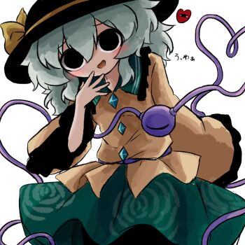 1girl :d black_eyes black_hat blush bow buttons collared_shirt cowboy_shot diamond_button floral_print frilled_shirt_collar frilled_sleeves frills green_hair green_skirt hand_up hat hat_bow heart heart_of_string heripantomorrow komeiji_koishi looking_at_viewer medium_hair open_mouth raised_inner_eyebrows rose_print shirt simple_background skirt smile solo third_eye touhou translation_request white_background yellow_bow yellow_shirt