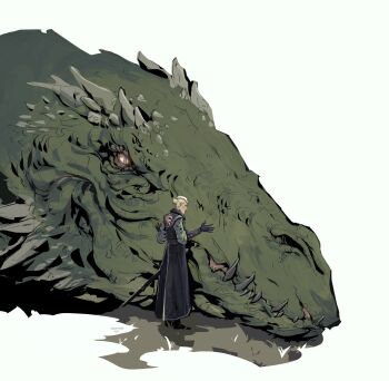 1boy a_song_of_ice_and_fire aemond_targaryen black_gloves black_shoes black_tunic blonde_hair ccattnipp dragon eyepatch full_body gloves green_shirt hair_bun hands_on_another's_face highres house_of_the_dragon male_focus shirt shoes slit_pupils sword tunic twitter_username updo weapon white_background