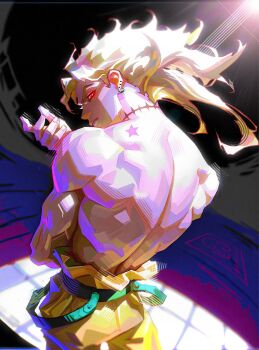 Rule 34 | 1boy, arm up, birthmark, blonde hair, closed mouth, commentary, cowboy shot, ear piercing, earrings, english commentary, floating hair, highres, jewelry, joestar birthmark, jojo no kimyou na bouken, long hair, looking back, looking to the side, male focus, maskoo185826, muscular, muscular male, pants, piercing, red eyes, solo, stardust crusaders, stitched neck, stitches, stud earrings, topless male, yellow pants