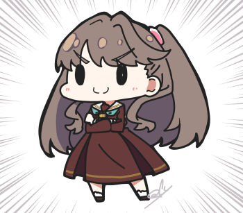 &gt;:) 1girl aqua_neckerchief blush brown_dress brown_hair brown_shoes c: chibi chibi_only closed_mouth commentary crossed_arms dress emphasis_lines fujishima_megumi full_body hasu_no_sora_school_uniform highres link!_like!_love_live! long_hair long_sleeves love_live! medium_dress neckerchief oofushi_ao pleated_dress sailor_collar sailor_dress school_uniform shoes signature simple_background smile socks solid_oval_eyes solo split_mouth standing two_side_up v-shaped_eyebrows virtual_youtuber white_background white_sailor_collar white_socks winter_uniform