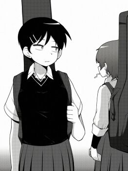 Rule 34 | 2girls, bocchi the rock!, chib0b, collared shirt, cowboy shot, crossover, from behind, futsuu no keion-bu, greyscale, guitar case, hair ornament, hairpin, highres, holding strap, instrument case, instrument case on back, instrument connection, kouyama rin, monochrome, multiple girls, pixie cut, pleated skirt, school uniform, screentones, shirt, short hair, short sleeves, simple background, skirt, sweater vest, swept bangs, trait connection, white background, wing collar, yamada ryo