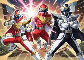 Rule 34 | 3boys, armor, avataro sentai donbrothers, black bodysuit, bodysuit, commentary request, crossed arms, group picture, group pose, gtrvariedades, helmet, kikai sentai zenkaiger, male focus, multicolored bodysuit, multiple boys, red armor, red bodysuit, red helmet, super sentai, tokusatsu, two-tone bodysuit, v-fin, white armor, zenkai red, zenkaizer, zenkaizer black
