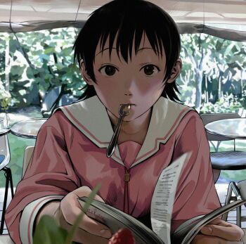 Rule 34 | 1girl, awning, azumanga daioh's school uniform, azumanga daiou, black hair, blurry, blurry foreground, bob cut, book, brown eyes, cafe, chair, close-up, commentary, day, depth of field, flipped hair, foliage, forest, grass, highres, holding, holding book, kozuehikaru, long sleeves, looking at viewer, medium hair, mouth hold, nature, neck ribbon, open book, outdoors, pink shirt, pov, reading, red ribbon, ribbon, sailor collar, school uniform, serafuku, shirt, sitting, solo, spoon, table, takino tomo, tree, upper body, utensil in mouth, white sailor collar, winter uniform