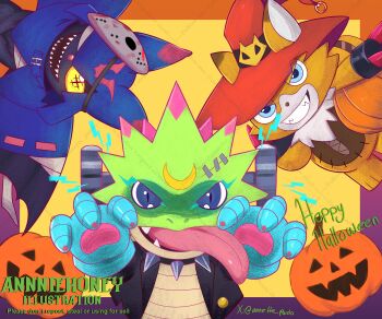 absurdres annette_pardo bat_(animal) blue_eyes chiropmon collar cross-shaped_pupils digimon digimon_(creature) digimon_beatbreak gecko gekkomon halloween hat highres mask open_mouth pristimon pumpkin red_hat sharp_teeth spiked_collar spikes stuffed_toy symbol-shaped_pupils teeth tongue tongue_out twitter_username witch_hat yellow_eyes