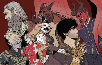 Rule 34 | >:), 2girls, 4boys, baldur's gate, baldur's gate 3, beard, black hair, black lips, blonde hair, bodysuit, braid, circlet, claw ring, colored skin, commentary, demon boy, demon horns, demon wings, detached sleeves, dual persona, dungdungdu34242, elf, enver gortash, facial hair, film grain, grey hair, hair bun, highres, horns, jacket, ketheric thorm, long hair, low-braided long hair, low-tied long hair, minthara, monster, multiple boys, multiple girls, multiple horns, open mouth, orin the red, parted lips, pointy ears, profile, purple jacket, raphael (baldur's gate), red background, red bodysuit, red eyes, red skin, sharp teeth, short hair, simple background, single braid, single hair bun, smile, spikes, standing, symbol-only commentary, teeth, the dark urge (baldur's gate), upper body, v-shaped eyebrows, white skin, wings, yellow eyes