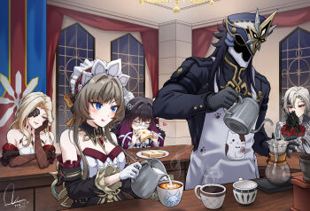 1boy 4girls :q absurdres apron arlecchino_(genshin_impact) arm_rest bare_shoulders black_eyes black_hair blonde_hair blue_eyes blush bread bread_slice breasts capitano_(genshin_impact) cleavage closed_eyes coffee coffee_beans colored_extremities columbina_(genshin_impact) commentary_request cup dasoin dated detached_collar detached_sleeves dress eating egg_(food) elbow_gloves elbow_rest eye_mask food food_in_mouth fried_egg fried_egg_on_toast genshin_impact gloves grey_eyes grey_hair hair_bun hair_intakes half-closed_eye hand_on_own_cheek hand_on_own_face head_tilt head_wings headdress heart height_difference helm helmet highres holding holding_food indoors jacket long_hair long_sleeves looking_at_another looking_at_object mask milk multicolored_hair multiple_girls one_eye_covered parted_lips pouring print_apron purple_hair red_pupils sandrone_(genshin_impact) signature signora_(genshin_impact) single_hair_bun slice_of_life smile steam strapless strapless_dress symbol-shaped_pupils toast tongue tongue_out two-tone_hair white_gloves wings x-shaped_pupils
