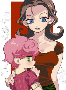 2girls absurdres blue_eyes blush brown_hair c73an collarbone commentary_request donatella_una english_text eyelashes flower green_eyes green_pants hand_on_another&#039;s_shoulder highres jojo_no_kimyou_na_bouken long_hair mother_and_daughter multiple_girls pants pink_hair pink_shirt puffy_short_sleeves puffy_sleeves red_shirt shirt short_hair short_sleeves spice_girl_(stand) trish_una vento_aureo