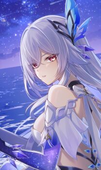 Rule 34 | 1girl, absurdres, bare shoulders, breasts, commentary request, from behind, genshin impact, grey hair, guitar, highres, holding, holding guitar, holding instrument, horizon, instrument, looking at viewer, medium breasts, night, night sky, ocean, parted lips, purple eyes, purple hands, purple sky, skirk (genshin impact), sky, solo, star (sky), turning head, upper body, yuno kaihara