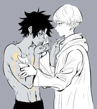 Rule 34 | 2boys, arms up, asuka ryou, commentary request, crying, crying with eyes open, devilman, devilman crybaby, eyelashes, fudou akira, grey background, greyscale, groin, hand on another's arm, huziqunzi, long sleeves, looking at another, looking down, male focus, monochrome, multiple boys, navel, open mouth, pants, profile, robe, scarf, sideburns, simple background, spiked hair, spot color, tears, tissue, topless male, upper body, wiping tears