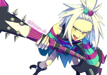Rule 34 | 1girl, artist name, bintoro 06, blue eyes, commentary request, dress, freckles, guitar, highres, holding, holding guitar, holding instrument, instrument, nintendo, pokemon, pokemon bw, roxie (pokemon), solo, tongue, tongue out, twitter username, two-tone dress, white hair