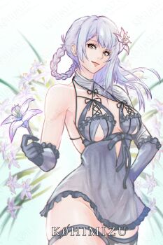 1girl artist_name bandaged_neck bandages black_gloves braid braided_hair_rings breasts closed_mouth flower gloves hair_flower hair_ornament hair_rings hand_on_own_hip highres holding holding_flower k0himizu kaine_(nier) large_breasts lingerie long_hair looking_at_viewer negligee nier nier_(series) pink_lips single_bare_shoulder smile solo standing twitter_username underwear white_background white_flower white_hair yellow_eyes