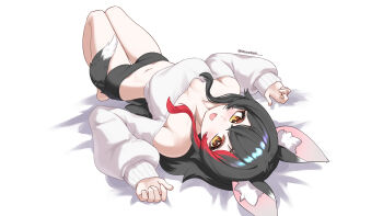 1girl absurdres animal_ears black_shorts blush breasts commentary_request highres hololive long_hair looking_at_viewer lying mazellan medium_breasts multicolored_hair off-shoulder_sweater off_shoulder on_back ookami_mio open_mouth orange_eyes red_hair short_shorts shorts sleeves_past_wrists smile solo sweater tail virtual_youtuber wolf_ears wolf_girl wolf_tail