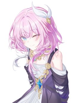 Rule 34 | 1girl, ;), absurdres, bare shoulders, blue eyes, breasts, coat, cyrene (honkai: star rail), cyrene (philia093) (honkai: star rail), dress, hair ornament, han7951032, highres, honkai: star rail, honkai (series), jewelry, looking at viewer, multicolored hair, necklace, one eye closed, pink hair, purple coat, short hair, simple background, small breasts, smile, solo, two-tone hair, white background, white dress