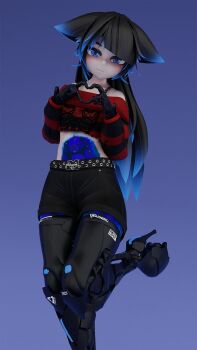 1girl 3d 3d_background absurdres android black_hair blue_hair blush character_name commentary crop_top english_commentary heart heart_hands highres kitsumy knees_up lava_lamp legs original