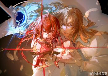 1boy 1girl absurdres ahoge ascot black_gloves blonde_hair blue_ascot blue_eyes cape clothing_cutout command_spell commentary_request crossed_bangs falling_feathers fate/grand_order fate_(series) feathers foreshortening frilled_sleeves frills fujimaru_ritsuka_(female) fujimaru_ritsuka_(female)_(decisive_battle_chaldea_uniform) glove_cutout gloves grin hair_between_eyes hand_on_another's_arm hand_on_own_arm highres jacket kirschtaria_wodime long_hair long_sleeves looking_at_viewer mage_staff magic medium_hair open_mouth orange_eyes outstretched_arm rabbittea red_hair shouting side-by-side side_cape smile staff teeth upper_body v-shaped_eyebrows watermark weibo_watermark white_cape white_feathers white_gloves white_jacket