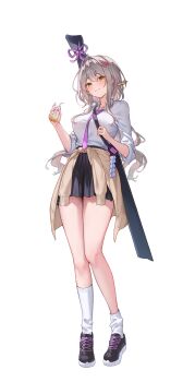 1girl absurdres alternate_costume cela_(akeeeeee675) clothes_around_waist full_body goddess_of_victory:_nikke grey_hair highres holding scarlet_(nikke) school_uniform shirt simple_background skirt smile solo white_background white_shirt yellow_eyes