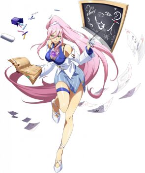 1girl ascot bare_shoulders blue_shirt blue_skirt board_eraser book bra_strap breasts brooch buttons chalk chalk_drawing chalkboard cleavage closed_mouth floating floating_hair floating_object flying_paper full_body game_cg gloves green_eyes hair_between_eyes hair_ornament hair_scrunchie half_gloves high_heels high_ponytail hilda_(langrisser) holding holding_book holding_pointer jacket jacket_partially_removed jewelry langrisser langrisser_mobile langrisser_re:incarnation large_breasts leg_up legs long_hair long_sidelocks looking_at_viewer miniskirt official_alternate_costume official_art paper papers pencil_skirt pointer ponytail pumps purple_ascot scrunchie see-through_cleavage see-through_clothes shirt shoes side_slit sidelocks simple_background skirt smile solo standing standing_on_one_leg striped_clothes striped_skirt tachi-e teacher thigh_strap third-party_source too_many_papers transparent_background vertical-striped_clothes vertical-striped_skirt very_long_hair white_gloves white_jacket white_shoes
