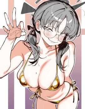 1girl absurdres arm_up bare_shoulders bikini black_ribbon blue_archive blush breasts cleavage collarbone commentary_request glasses gold_bikini grey_eyes grey_hair grey_halo hair_ribbon halo hand_up highres huge_breasts kani_ka_nanika long_hair looking_at_viewer low_twintails moe_(blue_archive) mole mole_on_breast navel parted_bangs parted_lips ribbon skindentation smile solo swimsuit twintails