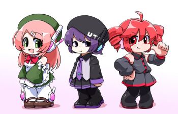 3girls :d ahoge arms_at_sides bare_shoulders beret black_boots black_hat black_shirt black_skirt black_sleeves boots bow bowtie brown_shoes chibi collared_shirt detached_sleeves double-parted_bangs dress drill_hair green_dress green_eyes green_hat green_sleeves hair_between_eyes hair_ornament hairpin hand_on_own_hip hat headphones kasane_teto kasane_teto_(utau) long_hair looking_at_viewer maid maid_headdress mary_janes miniskirt momone_momo multiple_girls necktie open_mouth pink_hair pointing pointing_at_self purple_eyes purple_hair purple_necktie purple_trim red_bow red_bowtie red_eyes red_hair saruyama_ushirou shirt shoes short_hair skirt sleeveless sleeveless_dress sleeveless_shirt smile socks standing swept_bangs tie_clip twin_drills utane_uta utau vocaloid_boxart_pose white_socks