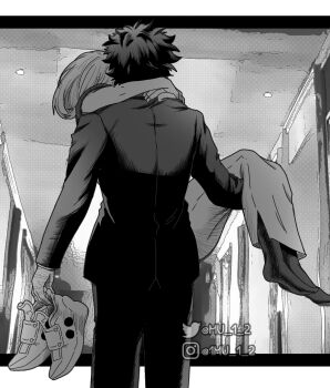 1boy 1girl arms_around_neck boku_no_hero_academia carrying commentary english_commentary formal_clothes greyscale hallway hetero highres holding holding_shoes holding_unworn_clothes instagram_username long_skirt medium_hair midoriya_izuku monochrome mu_1_2 princess_carry shoes skirt socks suit twitter_username unworn_shoes uraraka_ochako watermark