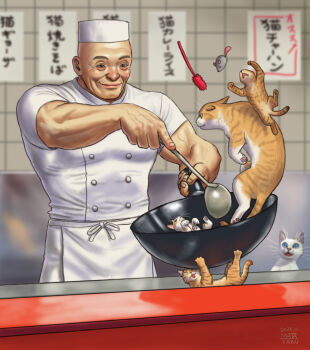 Rule 34 | apron, artist name, bald, blurry, blurry background, buttons, cat, cat teaser, chef, chef hat, closed mouth, commentary, cooking, counter, dated, depth of field, double-breasted, hat, highres, holding, holding ladle, holding pan, jumping, kitchen, ladle, male focus, matataku, muscular, muscular male, old, old man, orange cat, original, pants, restaurant, shirt, short sleeves, sign, signature, smile, surprised cat (matataku), tile wall, tiles, toy mouse, translated, waist apron, white apron, white cat, white pants, white shirt, wok, wrinkled skin
