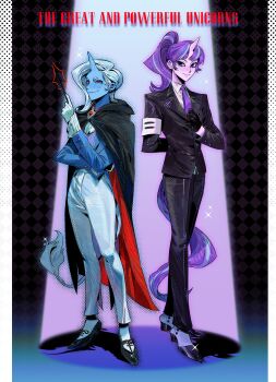 Rule 34 | 2girls, absurdres, adjusting clothes, arm behind back, armband, back-to-back, biantaishi1, black background, black boots, black capelet, black gloves, black jacket, black pants, black ribbon, black shoes, blue coat, blue hair, blue outline, blue skin, blue tail, boots, brooch, capelet, clip studio paint (medium), closed mouth, coat, collared shirt, colored skin, commentary, crossdressing, crossdressing (ftm), english commentary, english text, flat chest, footwear ribbon, forehead, formal clothes, frilled sleeves, frills, full body, gloves, half-closed eyes, half gloves, halftone, halftone background, hand on own chest, hand up, high-waist pants, high heel boots, high heels, high ponytail, highres, holding, holding wand, horns, horse tail, jacket, jewelry, long sleeves, looking at viewer, medium hair, multicolored boots, multicolored hair, multiple girls, my little pony, my little pony: equestria girls, my little pony: friendship is magic, necktie, open clothes, open coat, outline, pants, pillarboxed, pink eyes, pink outline, pink skin, ponytail, purple eyes, purple hair, purple necktie, purple tail, purple vest, red capelet, ribbon, shadow, shirt, shoes, simple background, single horn, slit pupils, smile, smirk, sparkle, spotlight, standing, starlight glimmer, starlight glimmer (equestria girls), streaked hair, suit, swept bangs, tail, trixie lulamoon, trixie lulamoon (equestria girls), tsurime, two-sided capelet, two-tone boots, two-tone hair, two-tone tail, unicorn girl, unicorn horn, vest, wand, white armband, white boots, white gloves, white hair, white pants, white shirt